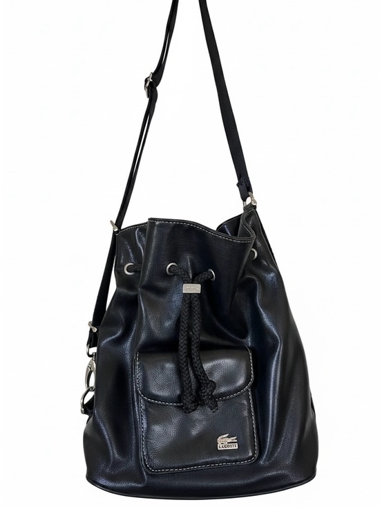 Lacoste Handbags - Vintage Lacoste Black Faux Leather Bucket Bag – Y2K Sporty Drawstring Purse